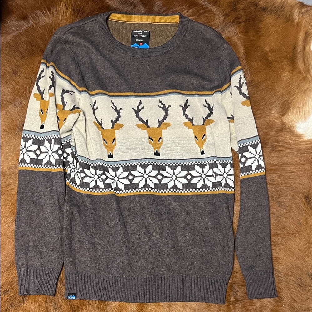 Kavu Men's Brown, Cream & Mustard Reindeer Fair Isle Crewneck Sweater